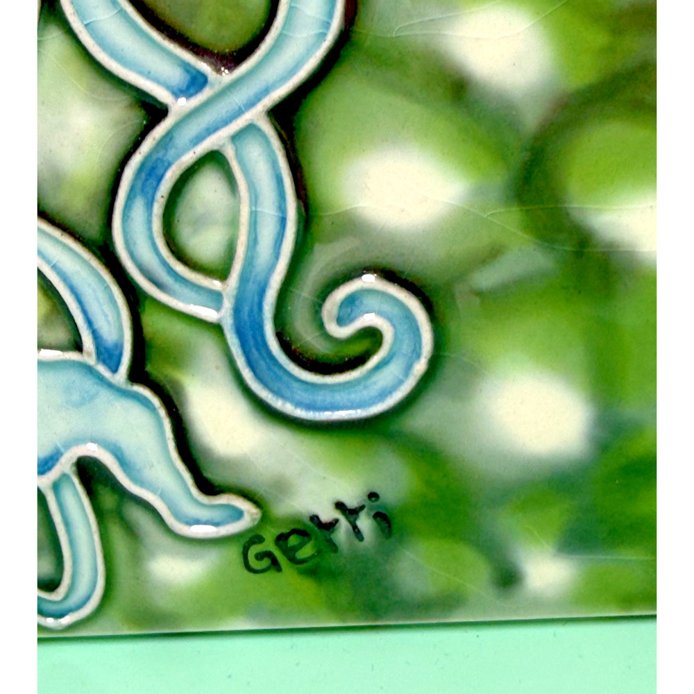 Handmade Blue Jellyfish Ceramic Art Pottery Tile Signed Gerri Easel Back or Wall - Picture 3 of 7